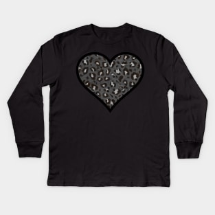 Dark Gray, Black and White Leopard Print Heart Kids Long Sleeve T-Shirt